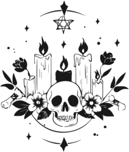 Candles on an altar with a skull.